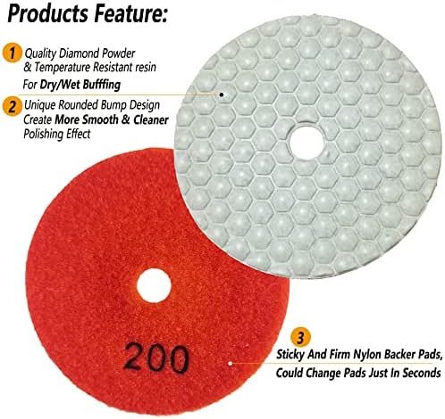 16 Packs Dry Diamond Polishing Pads Grit 200, 4 Inch Dry/Wet Tile Sanding Pad for Bufffing Granite Marble Quartz Concrete Stones Used for Grinder Polisher Drill