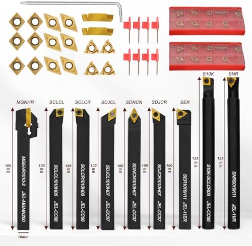 Indexable Lathe Turning Tool 27Pcs Kit 3/8'' 10mm Shank, 9Pcs Metal Lathe Tools Holder Set with 18Pcs Inserts, for Turning Grooving Threading Boring, Lathe Tooling with Reverse Tool Design