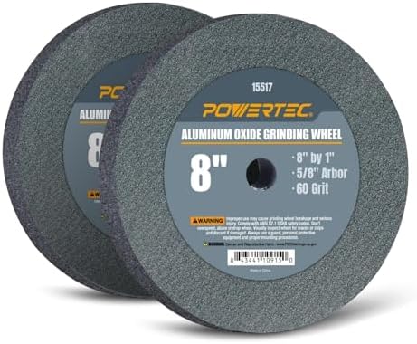 POWERTEC Bench Grinder Wheel 2PK, 8 Inch Grinding Wheel 60 Grit, Aluminum Oxide, 8 Bench Grinder Wheels for Pedestal & Benches, 1" Thick 5/8" Arbor, Sharpening Shaping Drill Bits, Knife, 15517-P2