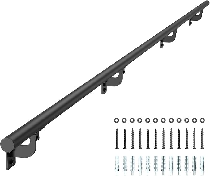 VEVOR Wall Mounted Stair Handrail, 12ft Pipe Staircase Handrail, Black Galvanized Aluminum, 1.26 inch Pipe Diameter, Indoor&Outdoor Staircase Railing,Industrial Hand Rail for Steps,Security Baluster