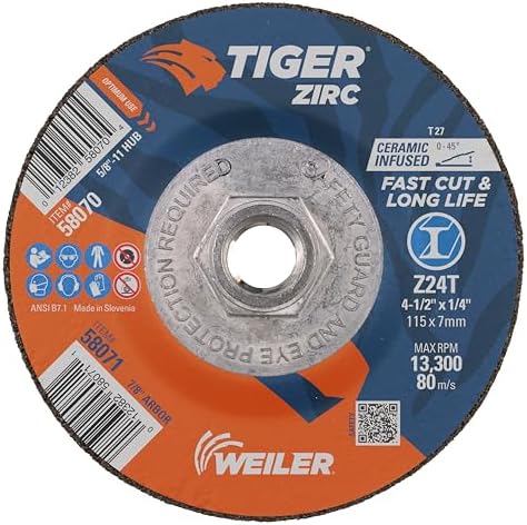 Weiler 58070 4-1/2" x 1/4" Tiger Zirc Type 27 Grinding Wheel, Z24T, 5/8"-11" UNC Nut (Pack of 10)