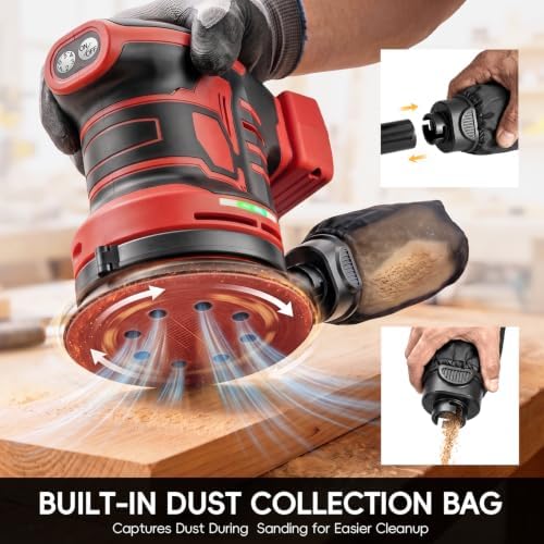 Cordless Brushless 5-Inch Random Orbital Sander Compatible with Milwaukee 18V Battery(Tool Only, No Battery Included) Brushless Sander with 6 Speeds, Dust Collection & 20 Sanding Discs for Woodworking