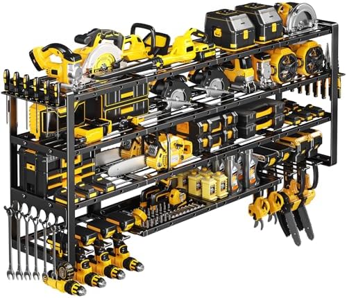 POKIPO Extra Large 64" W Power Tool Organizer Wall Mount, 1000 lbs Load Capacity, Heavy Duty 4 Tier Garage Storage Rack with 8 Drill Holders, 2 in 1 Corner or Straight Installation