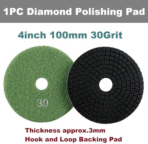 Diamond Polishing Pad, 4 inch 100 mm 30 Grit Sanding Discs for Grinder & Polisher, Hook and Loop Backing Pad for Grinding Buffing Granite Marble Concrete Stone (1 Piece)