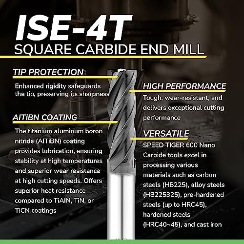 SPEED TIGER Micrograin Carbide Square End Mill - 4 Flute - ISE5/8 4T (1 Piece, 5/8") - for Milling Alloy Steels, Hardened Steel, Metal & More – Mill Bits Sets for DIYers & Professionals