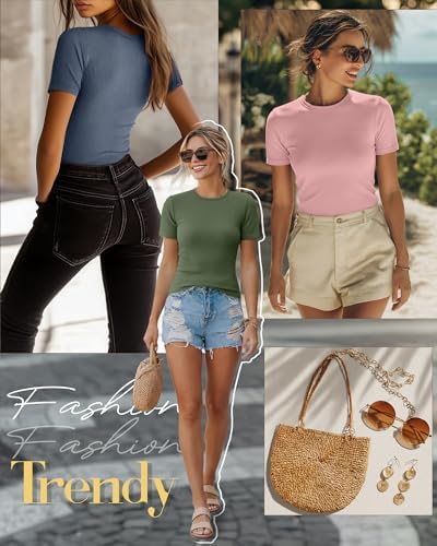 Ficerd 3 Pack Women's Ribbed Short Sleeve T-Shirts