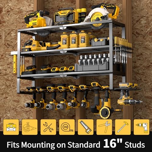 YYR Large Power Tool Organizer Wall Mount, Heavy Duty Metal Cordless Drill Storage Rack with Battery Charging Station Shelf, Utility Racks for Garage Organization, 4 Layer 10 Drills Holder Extra Tall