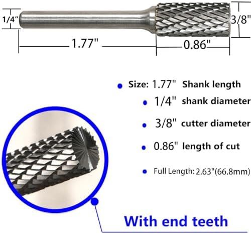 Carbide Burr Set 1/4" Shank SB-3 Die Grinder Bits Tungsten Double Cut Burr Bits (3/8" Cutter Dia X 0.86" Cutter Length) for Die Grinder Kits Metal Grinding Drilling Polishing (5pcs)