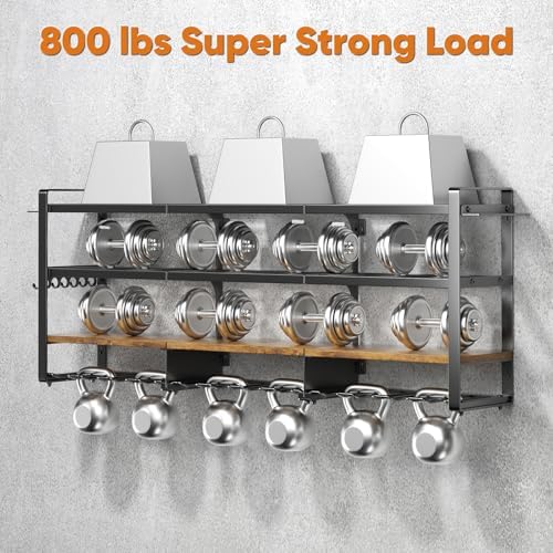 POKIPO Power Tool Organizer Wall Mount with Charging Station, 4 Tier Tool Battery Storage Rack Built in 8 Outlet Power Strip for Garage, 49" W, Black Wood