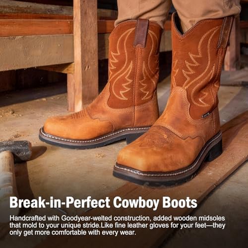 Showave Steel Toe Cowboy Boots for Men Western Square Toe Work Boot Full-grain Leather Safety Boots with Hazard Protection for Construction Manufacture Farming