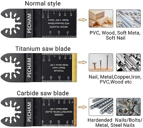 PECHAM 23PCS Titanium & Carbide Multitool Blades Oscillating Tool Saw Blades Heavy Duty for Hard Material, Metal/Steel Nails/Bolts/Screws Fit Most Oscillating Tools
