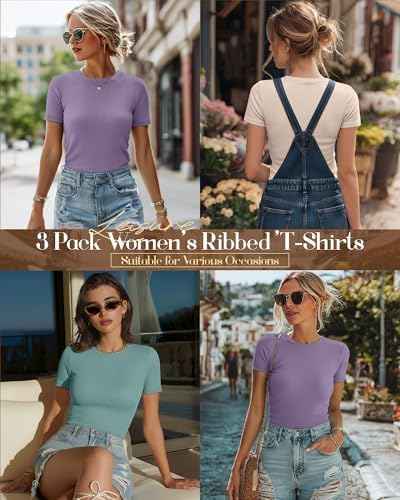 Ficerd 3 Pack Women's Ribbed Short Sleeve T-Shirts