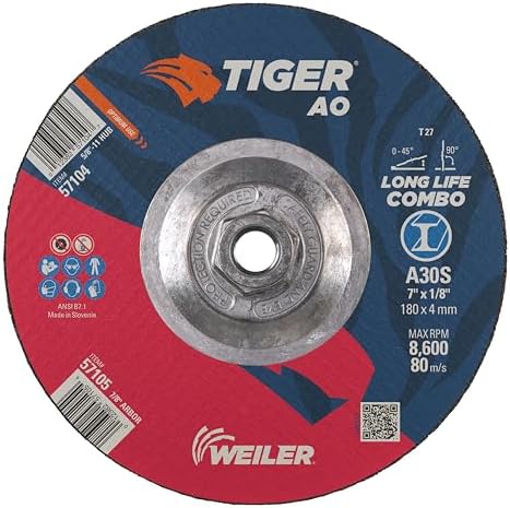 Weiler 57104 7" x 1/8" Tiger Type 27 Cut and Grind Combo Wheel, A30S, 5/8"-11 UNC Nut (Pack of 10)