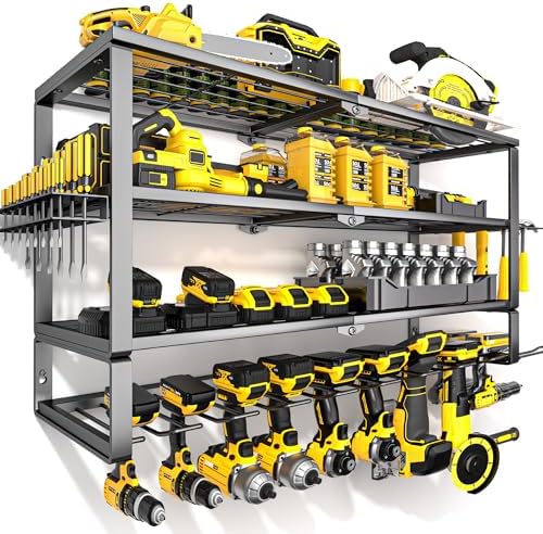 YYR Large Power Tool Organizer Wall Mount, Heavy Duty Metal Cordless Drill Storage Rack with Battery Charging Station Shelf, Utility Racks for Garage Organization, 4 Layer 10 Drills Holder Extra Tall