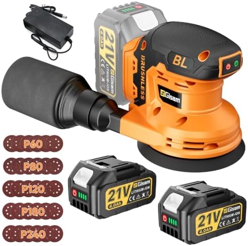 Gisam Cordless Random Orbital Sander with 2*4.0Ah Battery, Brushless Motor
