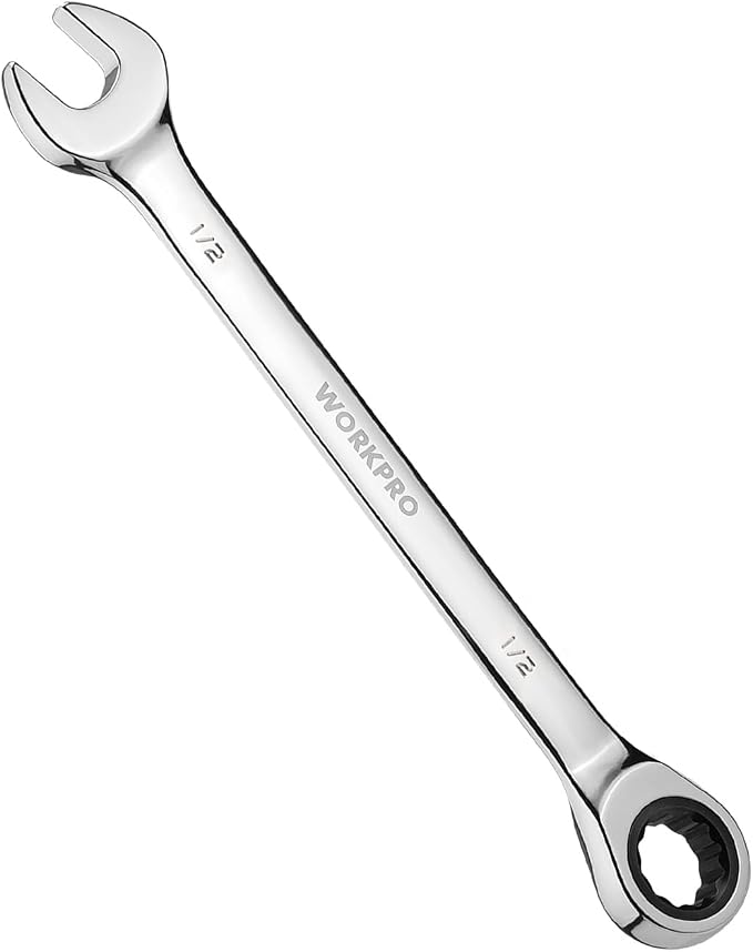 WORKPRO 1/2" Ratcheting Combination Wrench, Mirror Polish Chrome Plating | Premium CR-V Steel, 72-Teeth, 12 Point Design, SAE, For Home Projects, Motorcycle Repair, Garage Work, Plumbing, Machinery