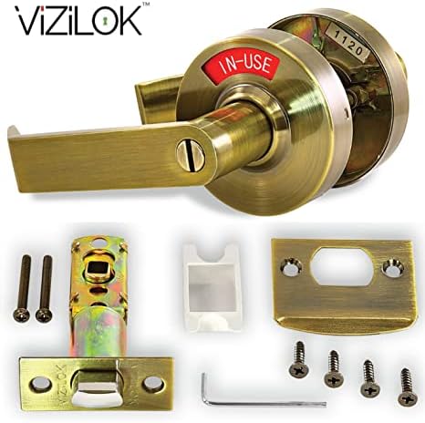 VIZILOK ADA Compliant Indicator Privacy Lock C5FB-L- Commercial Grade Left Handed Non Reversible in-USE or Vacant Occupancy Indicator Push Button Lock and Lever - Antique Brass