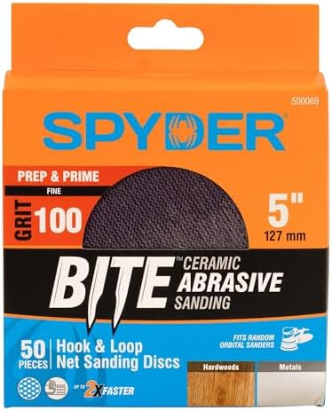 Spyder 50-Pack 100 Grit Sanding Discs, Ceramic Net, 5-Inch Hook and Loop, for Random Orbital Sander (500069)