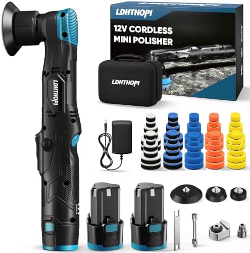 LDHTHOPI Cordless Mini Car Polisher, 12V, DA/RO 6-SPD 1000-5600RPM