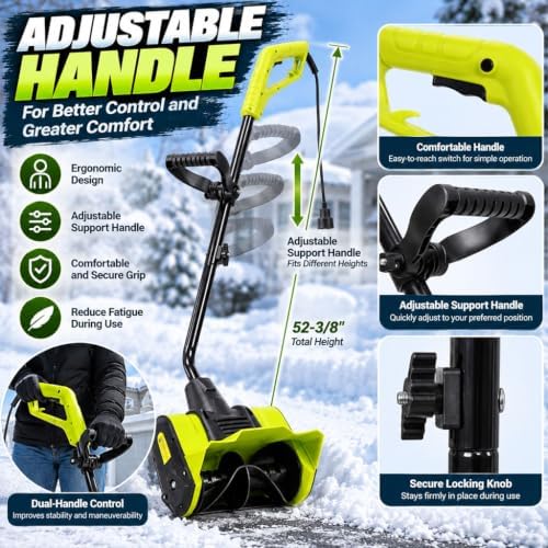 10 Amp Electric Snow Shovel, 12-Inch Corded Snow Thrower with Adjustable Handle, Dual-Blade Auger & 19 FT Throwing Distance, Lightweight Snow Blower for Driveways, Sidewalks & Patios, Black/Green