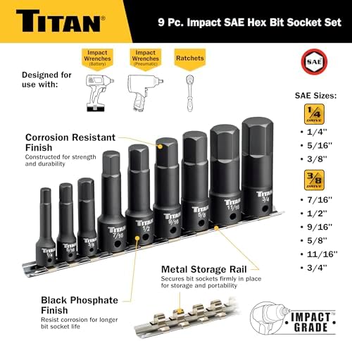 Titan 49010 9-Piece Impact SAE Hex Bit Socket Set, Sizes 1/4" thru 3/4", S2 and 6150 Alloy Steel, Extra-long Design for Greater Reach and Access, Metal Storage Rail