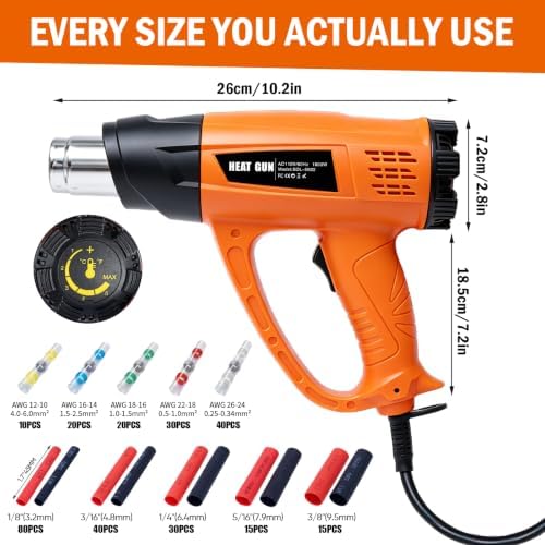 300PCS Waterproof Solder Seal Wire Connectors & 3:1 Heat Shrink Tubing with 1800W Heat Gun Kit 122℉~1202℉ Variable Temp 1.5S Fast Heating Overheat Protection for Auto Marine & Wiring Repair 10-26 AWG