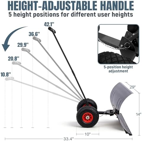 29" Push Snow Shovel with Wheels for Driveway, Heavy Duty Metal Wheeled Snow Pusher Hand Plow with Adjustable Angle & Height Ergonomic Handle for Snow Removable, 29"x14" Blade