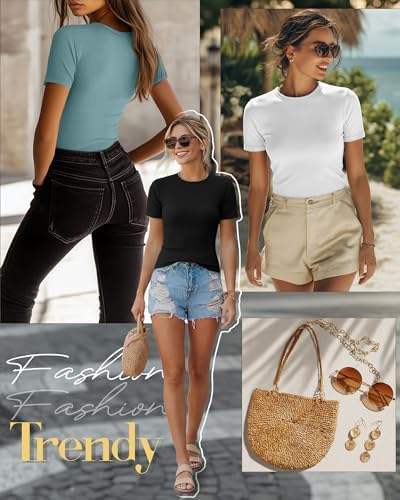 Ficerd 3 Pack Women's Ribbed Short Sleeve T-Shirts