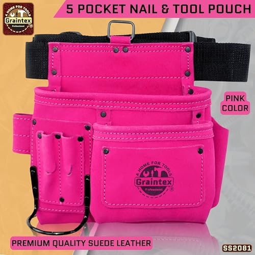 Graintex 5 Pocket Suede Leather Tool Belt/Bag, Multipurpose Leather Tool Belt for Women and Men, Ideal for Construction, Electrician, Handymen, Carpenter, Gardening Pouch & DIY Projects