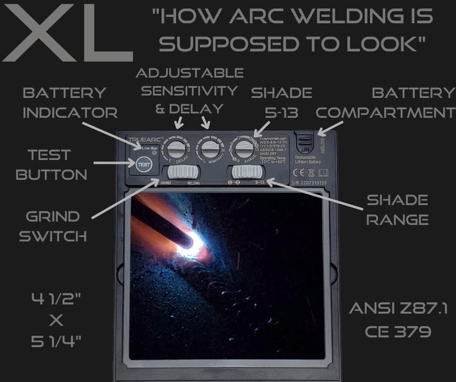 XL Auto Darkening Welding Lens, 5-1/4" x 4-1/2" Large View, Shade 5-13, High Definition True Color Clarity