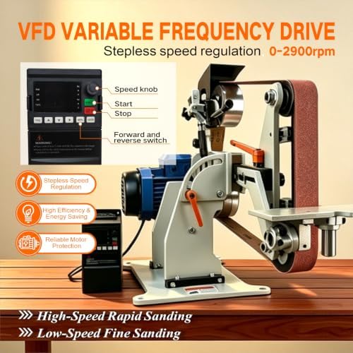 JLD Professional Belt Grinder Sander, 2x72 Inch Belt, 1500W Electric Motor with 2.2KW VFD, 2 sets of grinding kits with 3 grinding methods,Vertical and Horizontal operation includes 3 sanding belts.