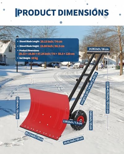 GarveeTech 29x19.8 in Rolling Snow Shovel on Wheels, Metal Snow Pusher