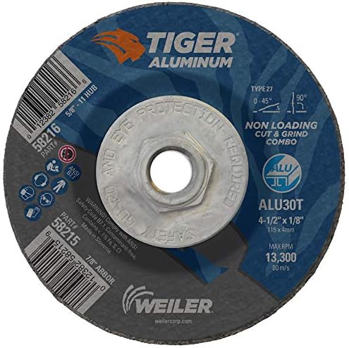 Weiler 58216 4-1/2 x 1/8 Tiger Aluminum Type 27 Cut Off/Grind Combo Wheel ALU30T 5/8-11 Nut (Pack of 10)