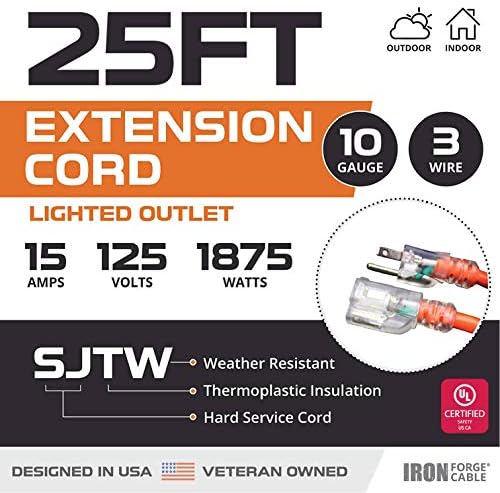 Iron Forge Cable 10 Gauge Extension Cord Heavy Duty, 25 Ft - Orange SJTW