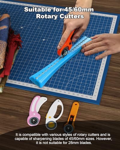 Linear Rotary Blade Sharpener, Rotary Cutter Sharpener for 45mm and 60mm Blades, Manual Rotary Sharpener Tool made of 2 Diamond-Coated Sharpening Stones for Blade Repair, with Clean brush