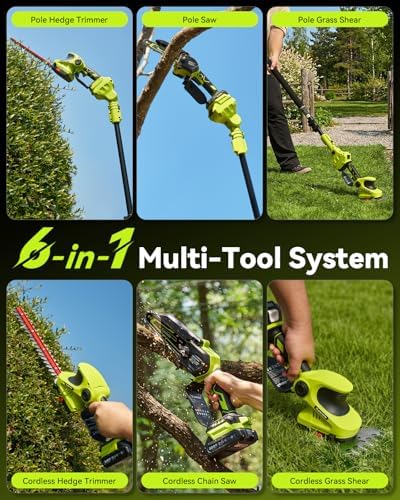 Supstable Cordless Pole Saw & Hedge Trimmer 6-in-1, Mini Chainsaw Cordless/Electric Hedge Trimmer with Extension Pole, 15Ft Reach, Extendable Tree Pruner, Bush Trimmer Limb Branch Cutter, Grass Shears