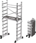 APARECIUM 10' Foldable Aluminum Scaffolding Ladder, Multipurpose Rolling Work Platform, Scaffold Tower, Ladder Stool Bench, Adjustable Platform, 330 Lbs Duty Rate