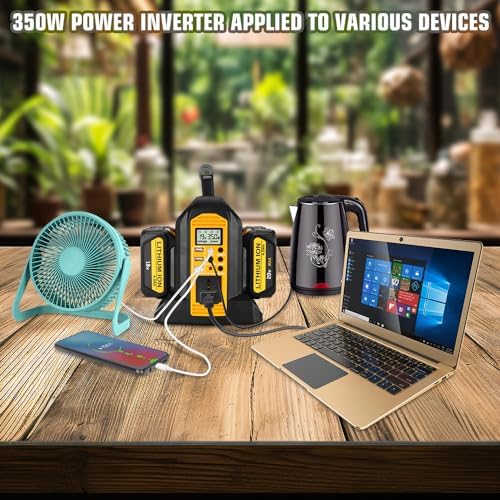 Choerinton 350W Power Inverter for Dewalt 20v 60V Battery 4-Ports DC 20V to AC 110-120V Pure Sine Wave Battery Inverter with LED Light, 3 USB-A Port,1 Type-C Port,1DC Port for Camping Emergency