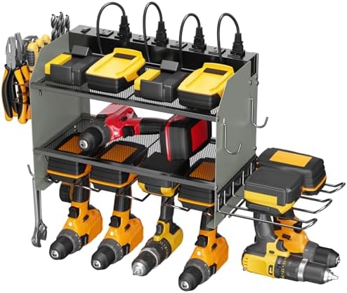 CCCEI Modular Power Tool Organizer Wall Mount Charging Station, Grey 6 Drills Holder with 8 Plug Power Strip 10FT, Garage Drill Battery Heavy Duty Metal Shelf, Utility Rack with Hooks, Side Storage.
