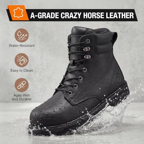 NINGO Steel Toe Work Boots for Men, Water Resistant Crazy Horse Leather