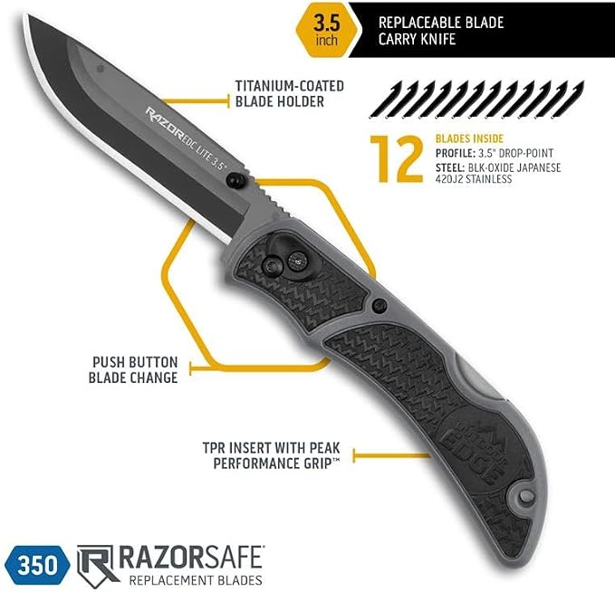 OUTDOOR EDGE 3.5" RazorLite EDC Pocket Knife (Obsidian Black), with Replaceable Blades and Clip, Perfect Carry Knive for Camping, Hunting and Survival, Includes 12 Black Steel Drop Point Blades