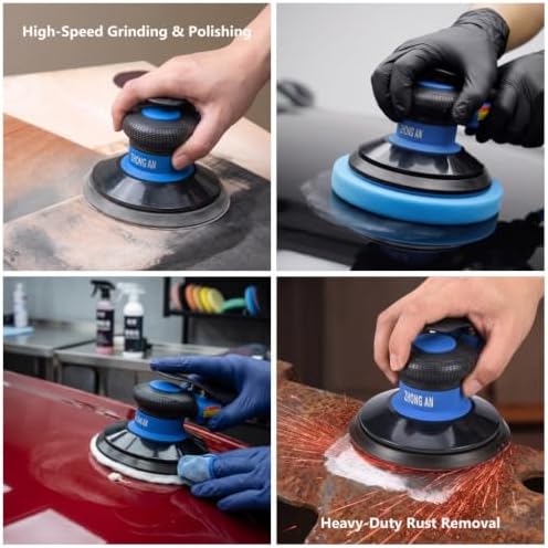 Random Orbital Air Sander 6 Inch, 13,000 RPM Pneumatic DA Palm Sander with Polishing Buffing Pads & Sanding Discs, Air Powered Polisher for Auto Body Repair, Wood, Composites and Metal Sanding