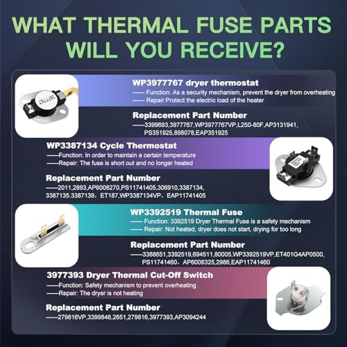 2026 UPGRADE 279838 Dryer Heating Element for Whirlpool Kenmore Roper Maytag Amana Admiral Dryer Heating Element Part Thermostat Thermal Fuse medx655dw1 500 600 70 80 Series Model 110 Dryer Part