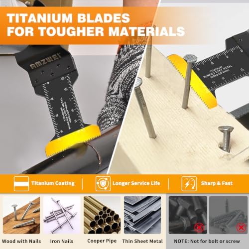 AMZWEI 100PCS Oscillating Tool Blades, Titanium & HCS Oscillating Saw Blades for Metal/Wood/Plastic Cutting, Curved Edge Multi Tool Blades Compatible with Dewalt, Milwaukee, Dremel, Ryobi, Rockwell