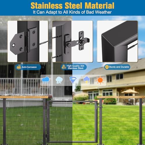 Outdoor Gate Integrated Welding Cable Railing Gate for Wood Metal Cable Railing System Stainless Steel Fence Gate (Right Hand in Swing, Black)