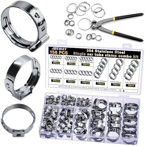 ASKWAY Single Ear Hose Clamp 6-28Mm 150 Pcs 10 Sizes, 304 Stainless Steel Stepless Hose Clamp, Suitable For Pex Pipe Connection, Automotive, Pipeline, Garden And Industrial Use
