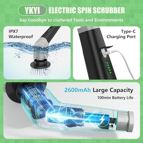 YKYI Electric Spin Scrubber, Cordless Power Cleaning Brush with Long Handle