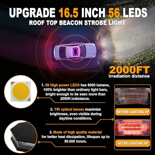 ASPL 16.5 Inch Roof Top Beacon Warning Strobe Light for Trucks Red Blue