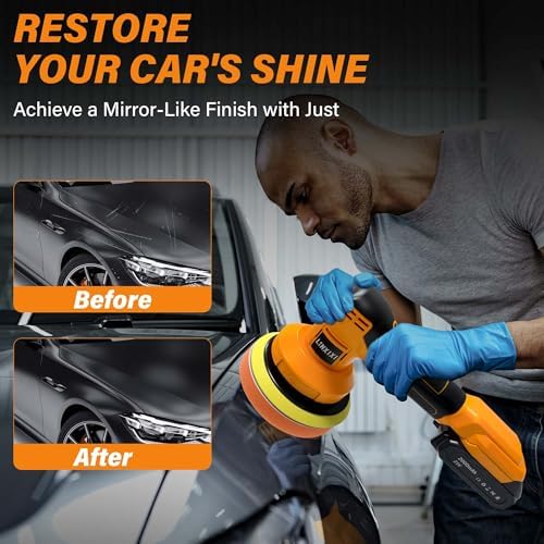Cordless Buffer Polisher with 2 x 2000mAh Batteries, 6 Inch Car Polisher with 3 Variable Speed, Portable Orbital Buffers and Polishers Kit for Car Detailing, Waxing, Polishing