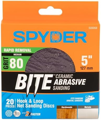 Spyder 20-Pack 80 Grit Sanding Discs, Ceramic Net, 5-Inch Hook and Loop, for Random Orbital Sander (500068)